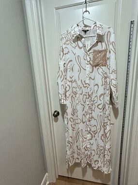 ADOR women’s size L White Maxi Dress / Swim Cover, Tan Floral Print NWT